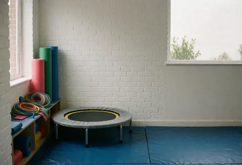 Espace de préparation physique dans un gymnase comprenant un mini-trampoline, des rouleaux de massage et des bandes de résistance posés sur un sol bleu à côté d'un mur en briques blanches.