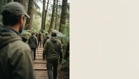Un groupe d'adultes progresse sur un chemin de bois au milieu d'une forêt dense avec des arbres hauts et des fougères, idéal pour un parc d'aventure.