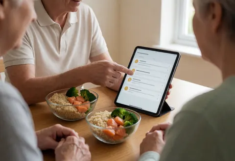 Un entraîneur personnel explique un plan alimentaire sur une tablette à un client assis à une table en bois garnie de plats de quinoa, saumon et brocoli.