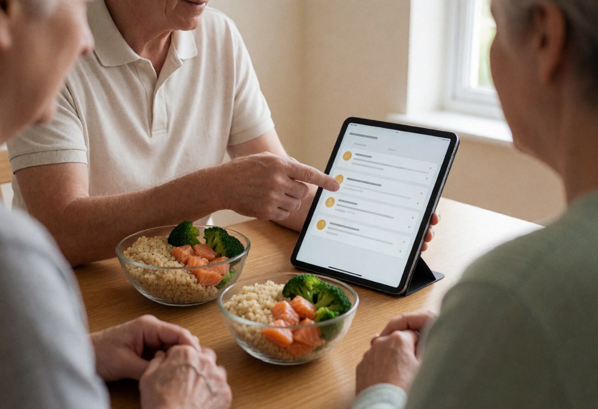Un entraîneur personnel explique un plan alimentaire sur une tablette à un client assis à une table en bois garnie de plats de quinoa, saumon et brocoli.