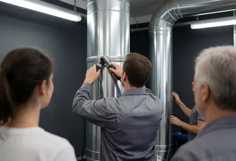 Un technicien en uniforme gris pose de l'isolation thermique sur des tubes métalliques à l'aide d'un outil de sertissage dans un atelier industriel éclairé par des néons.