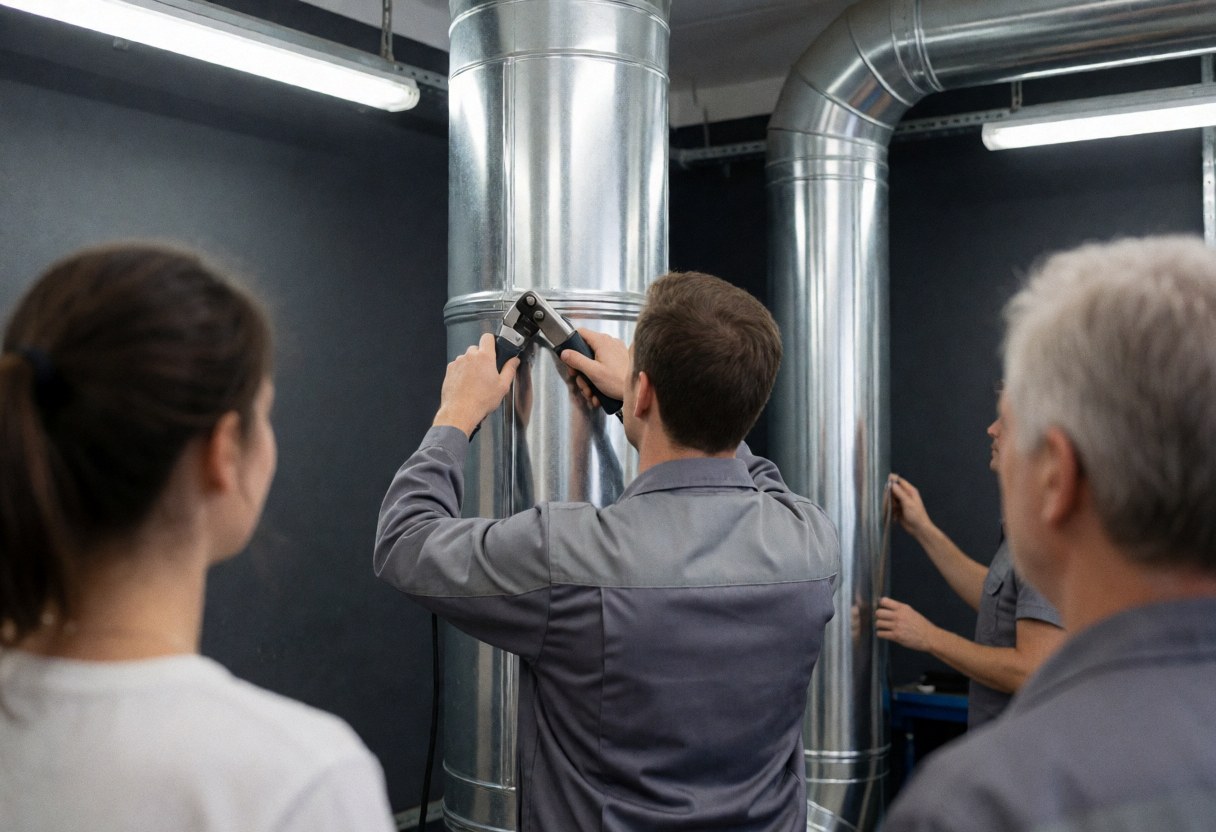 Un technicien en uniforme gris pose de l'isolation thermique sur des tubes métalliques à l'aide d'un outil de sertissage dans un atelier industriel éclairé par des néons.