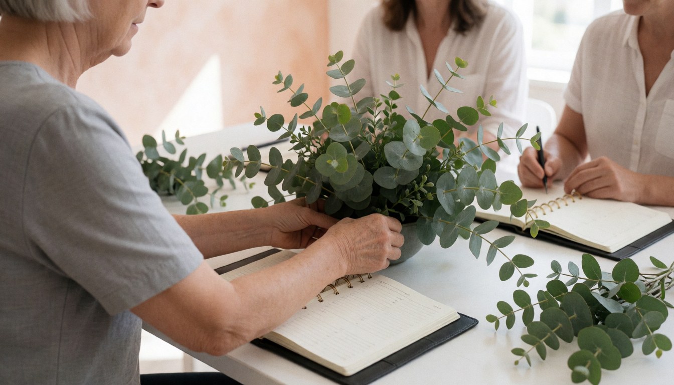 Une planificatrice ajuste un arrangement d'eucalyptus sur une table blanche pendant que deux clients prennent des notes dans des carnets, dans un bureau aux murs de terre cuite.
