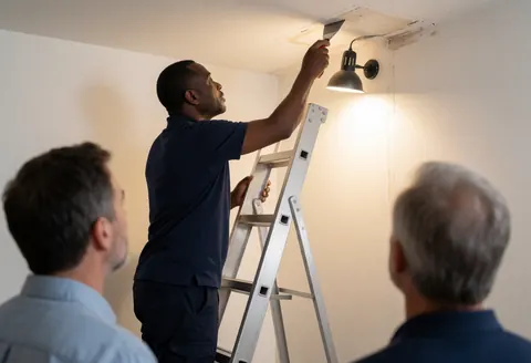 Un homme sur une échelle répare un trou au plafond avec un outil tandis que deux clients observent dans une pièce aux murs blancs.