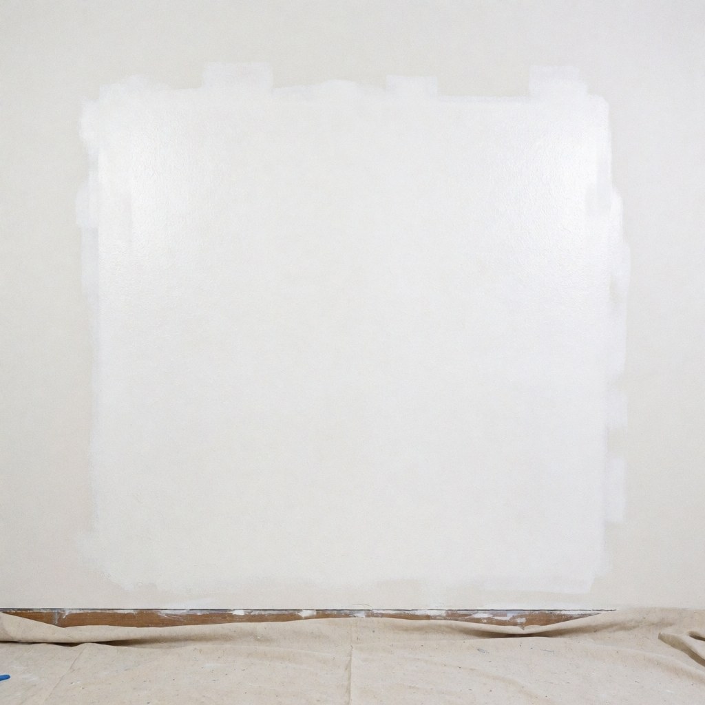 Détail d'un mur blanc réparé et lisse, prêt pour la peinture, avec une bâche de protection au sol, adapté aux professionnels de la rénovation.