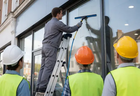 Un ouvrier en hauteur nettoie une vitrine avec une raclette bleue tandis que ses collègues portant des casques de sécurité assistent à la prestation de nettoyage professionnel.