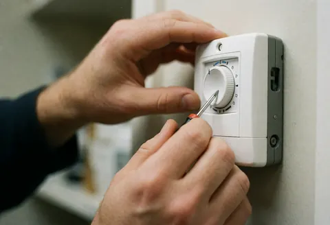 Un technicien ajuste le cadran d'un thermostat mural blanc à l'aide d'un tournevis, illustrant une intervention de maintenance en cours.
