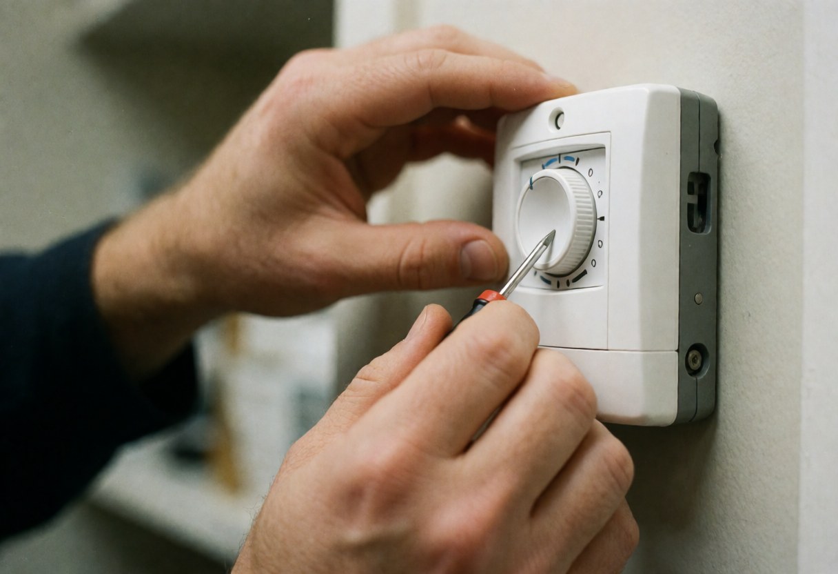 Un technicien ajuste le cadran d'un thermostat mural blanc à l'aide d'un tournevis, illustrant une intervention de maintenance en cours.