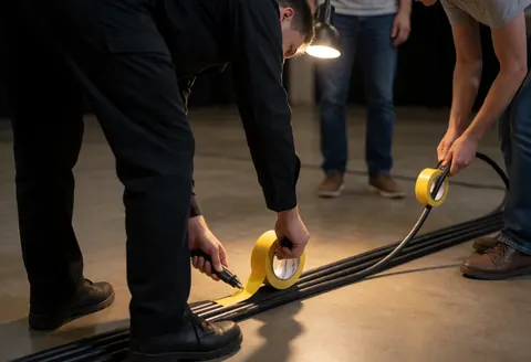 Technicien posé sur un sol en béton avec du ruban jaune et des câbles noirs, éclairage de travail pour la mise en place d'installations d'éclairage pour événements.