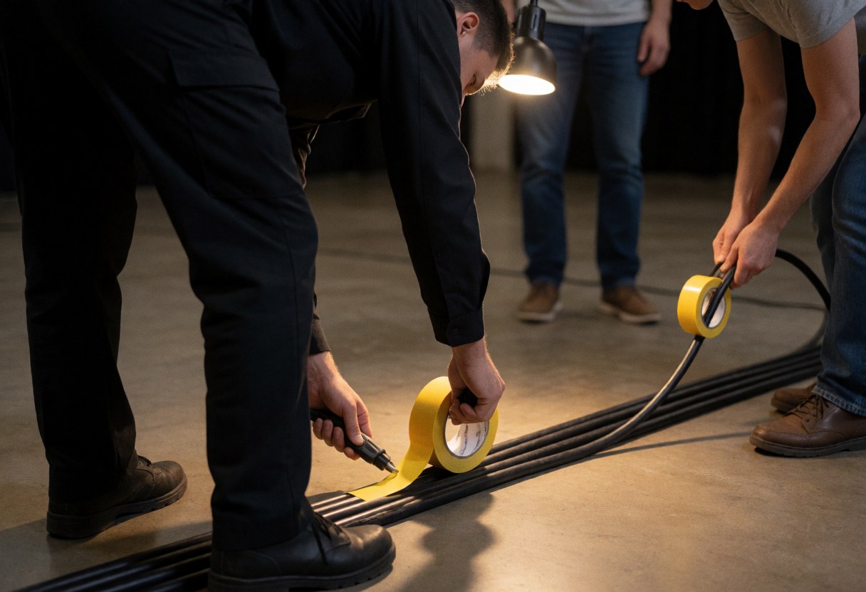 Technicien posé sur un sol en béton avec du ruban jaune et des câbles noirs, éclairage de travail pour la mise en place d'installations d'éclairage pour événements.