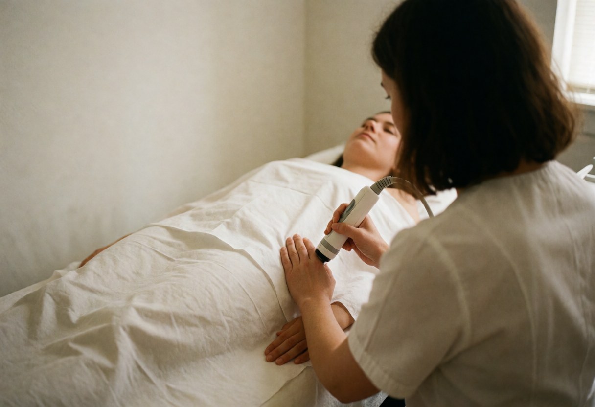 Un professionnel applique une épilation laser sur un client allongé sur une table blanche dans un salon de beauté aux murs blancs et à l'éclairage chaleureux.