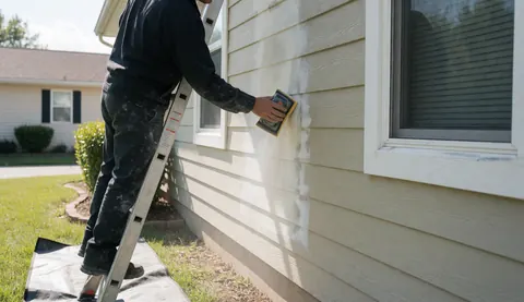Un travailleur sur une échelle utilise un bloc de ponçage pour préparer la surface d'un mur de maison avant réparation.