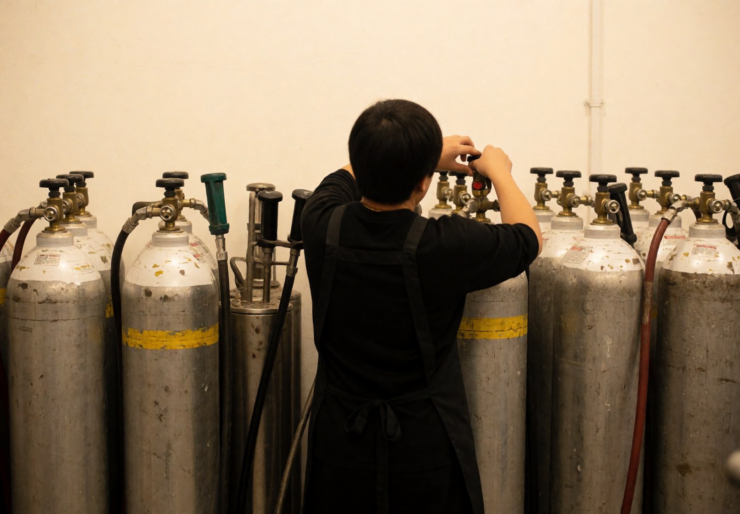 Personne en tablier noir ajustant une vanne sur un réservoir de gaz parmi d'autres, dans un local aux murs blancs, pour un décorateur d'événements.