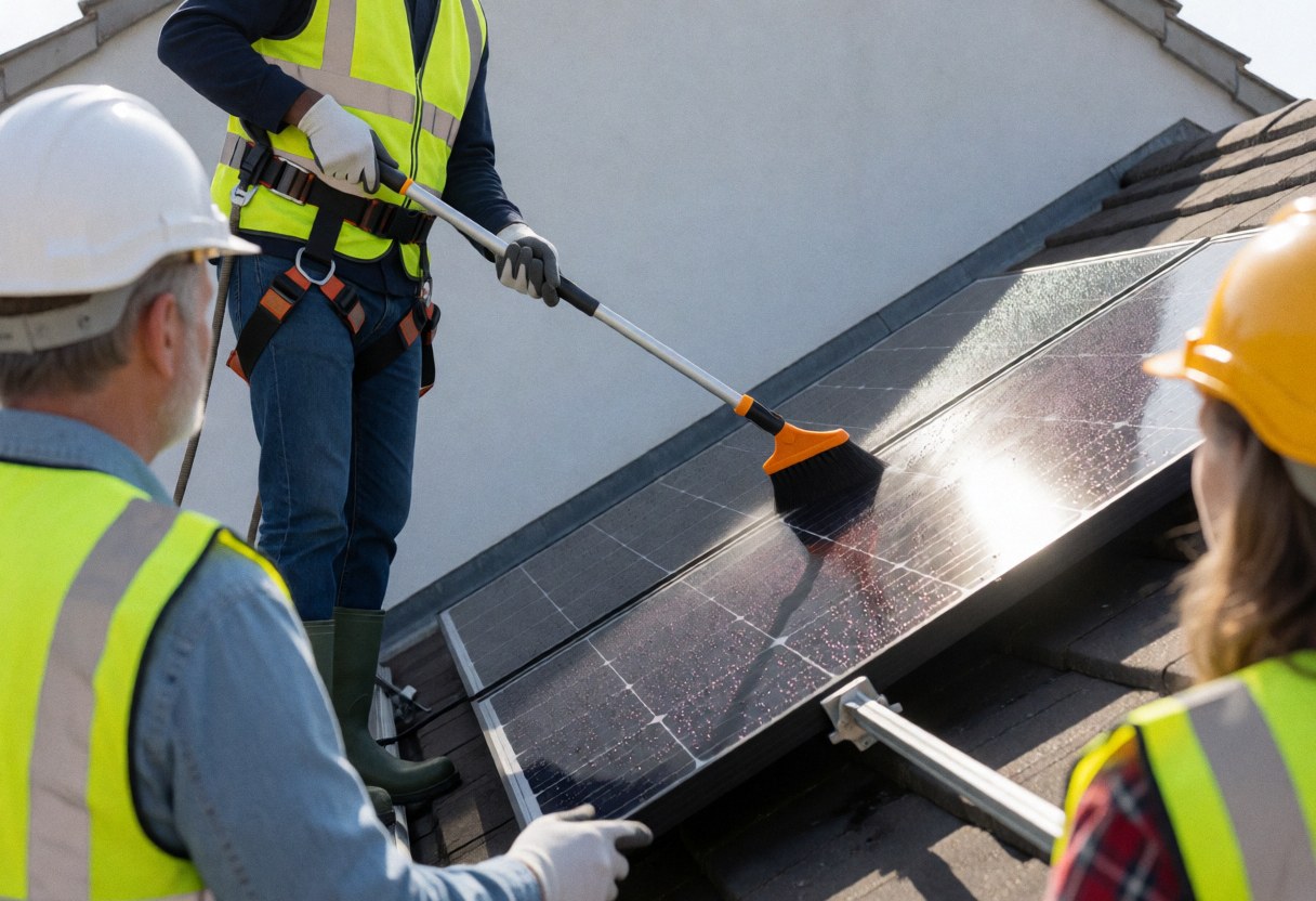 Des ouvriers en tenue de sécurité nettoient des modules photovoltaïques sur un toit par temps ensoleillé.