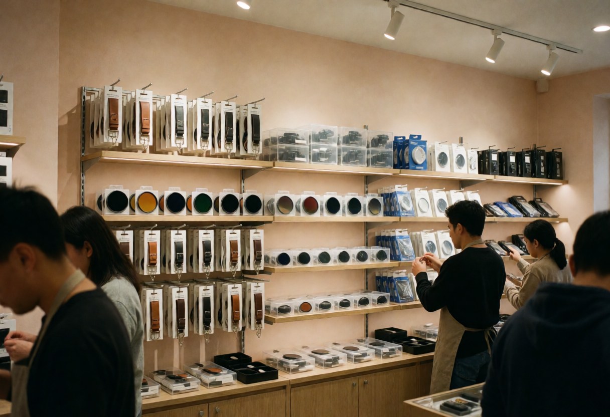 Des clients consultent des filtres polarisants et des sangles de caméra sur des étagères en bois dans un magasin de photographie moderne.