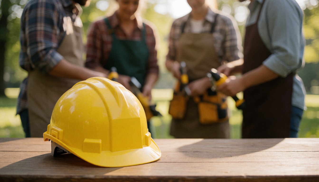 Un casque de protection jaune repose sur une surface en bois, avec des ouvriers équipés d'outils électriques et portant des tabliers en arrière-plan.
