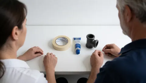 Deux techniciens inspectent des outils d'installation de gaz sur une table blanche propre, accompagnés de ruban PTFE, de graisse et d'un joint pour tuyau en fer noir.