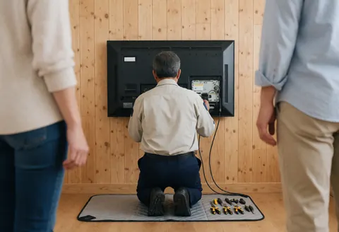 Un technicien effectue la réparation d'une télévision fixée au mur, avec des outils posés sur une housse de protection dans un intérieur aux murs en bois.