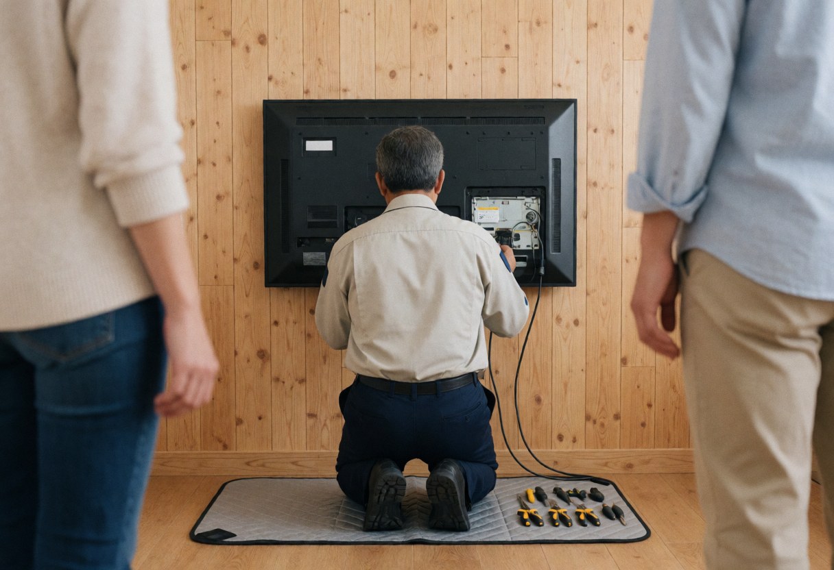 Un technicien effectue la réparation d'une télévision fixée au mur, avec des outils posés sur une housse de protection dans un intérieur aux murs en bois.