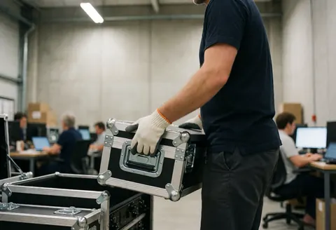 Un technicien portant des gants soulève une caisse de transport pour matériel audio dans un centre de spectacles avec des murs en béton et un éclairage industriel.