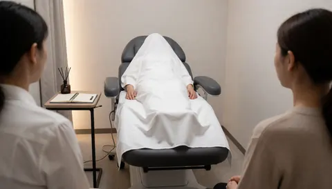 Une personne recouverte d'une serviette blanche sur une chaise d'hypnothérapie, observée par deux personnes dans un espace moderne et apaisant.