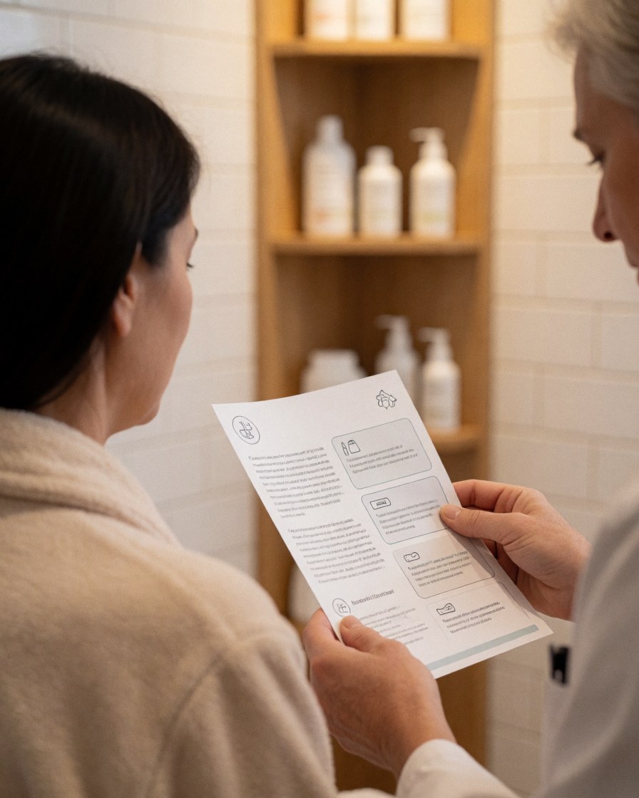 Un professionnel de la dermoabrasion présente un dépliant médical illustré d'icônes à une patiente vêtue d'une blouse, devant des étagères remplies de produits de soins de la peau.