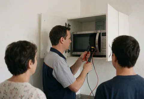 Un technicien examine un micro-ondes à l'aide d'un multimètre dans un cabinet, tandis que deux personnes observent attentivement la réparation.