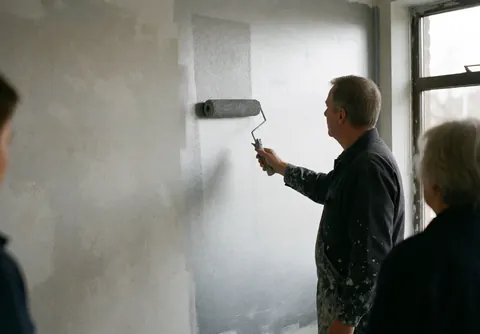 Un peintre applique de la peinture grise sur un mur avec un rouleau pendant que deux personnes observent dans un espace de décoration.
