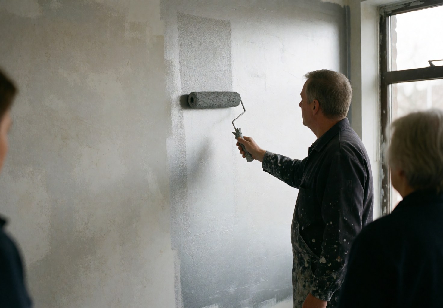 Un peintre applique de la peinture grise sur un mur avec un rouleau pendant que deux personnes observent dans un espace de décoration.