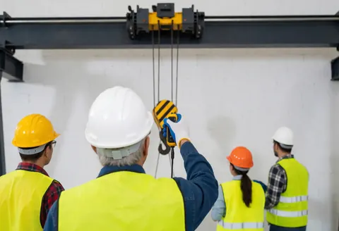 Un travailleur en tenue de sécurité utilise les commandes pour faire fonctionner une grue portique dans un atelier industriel.