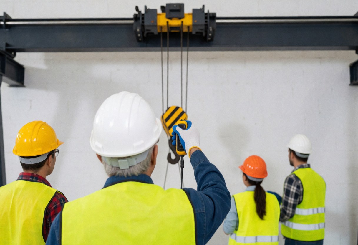 Un travailleur en tenue de sécurité utilise les commandes pour faire fonctionner une grue portique dans un atelier industriel.