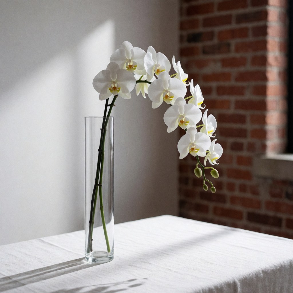 Une orchidée blanche posée sur une table recouverte d'une nappe blanche devant un mur de briques rouges éclairé par la lumière naturelle.