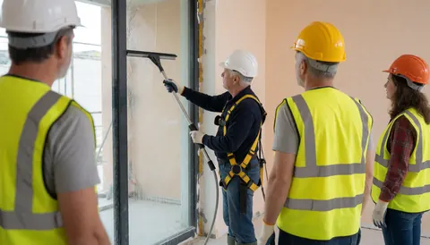 Un ouvrier en casque et gilet de sécurité nettoie une grande vitrine avec une raclette pendant que d'autres personnes observent les opérations.