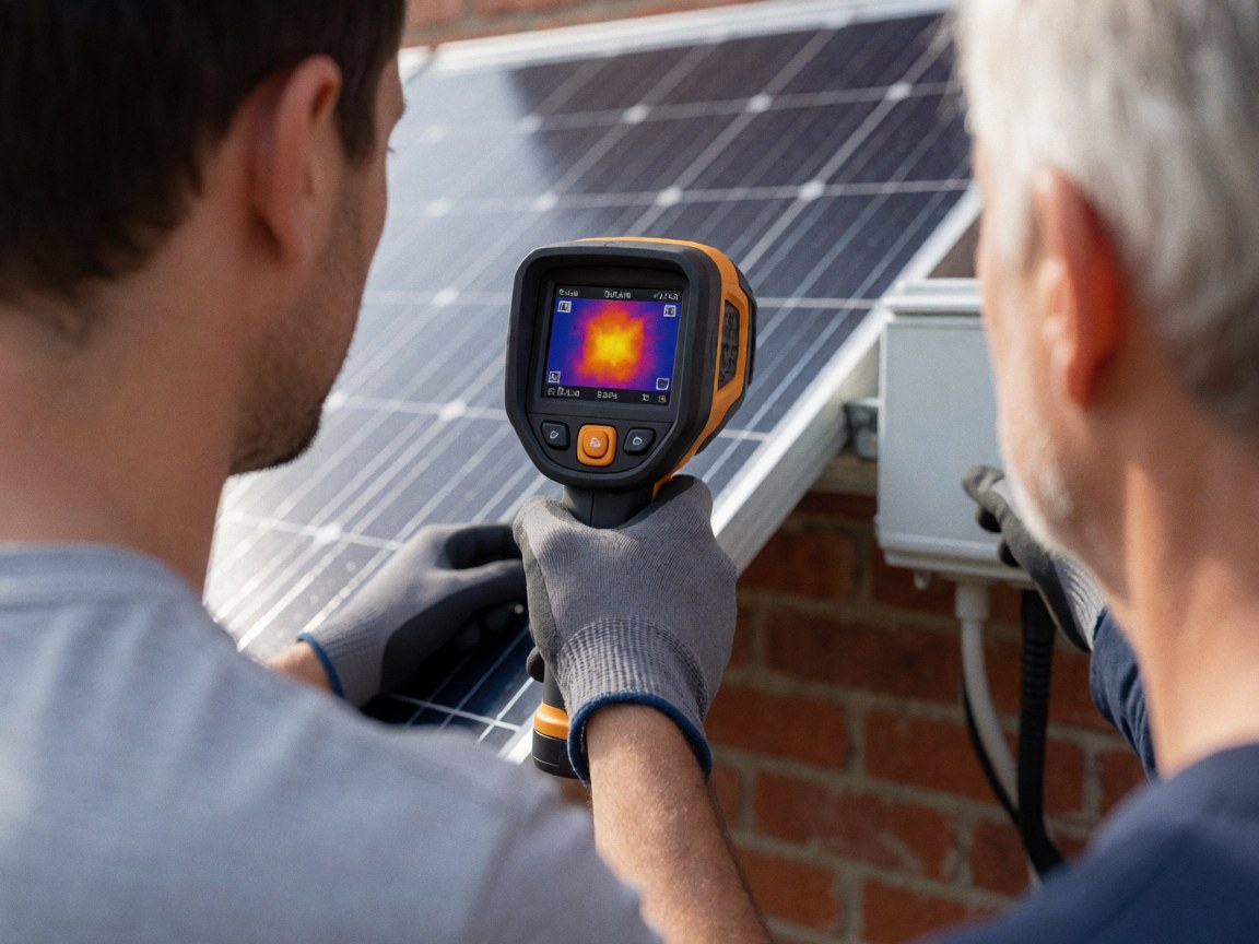 Un technicien utilise une caméra thermique pour identifier un défaut sur un panneau solaire installé sur un mur en briques.