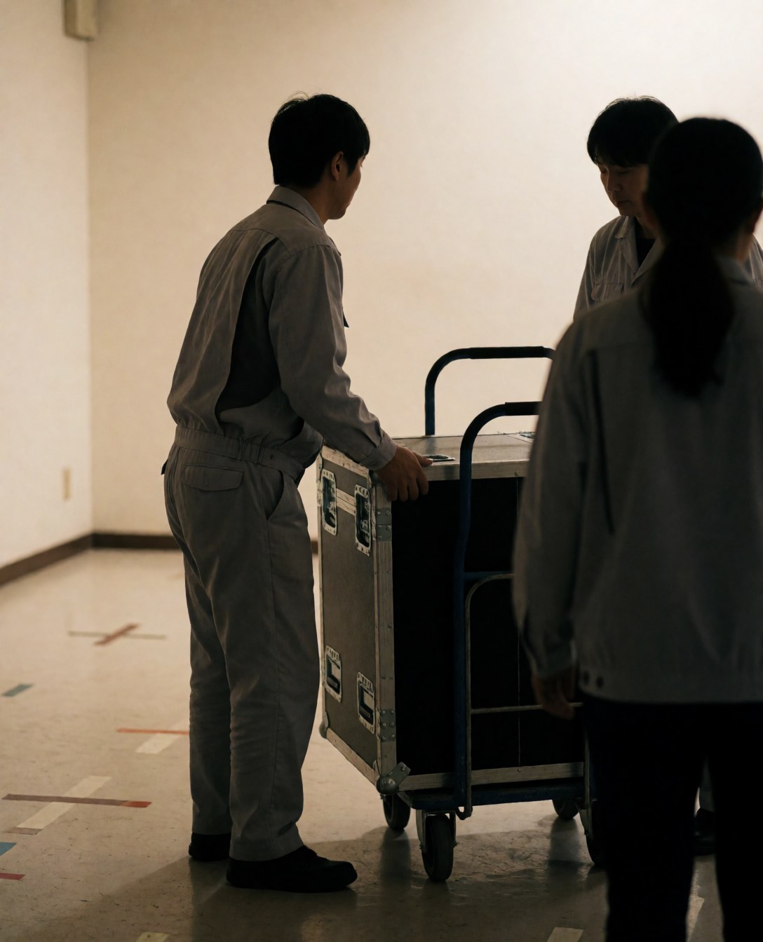 Un technicien en uniforme gris pousse une caisse d'éclairage noire sur un chariot bleu dans un salon avec des murs blancs et du ruban de marquage au sol.