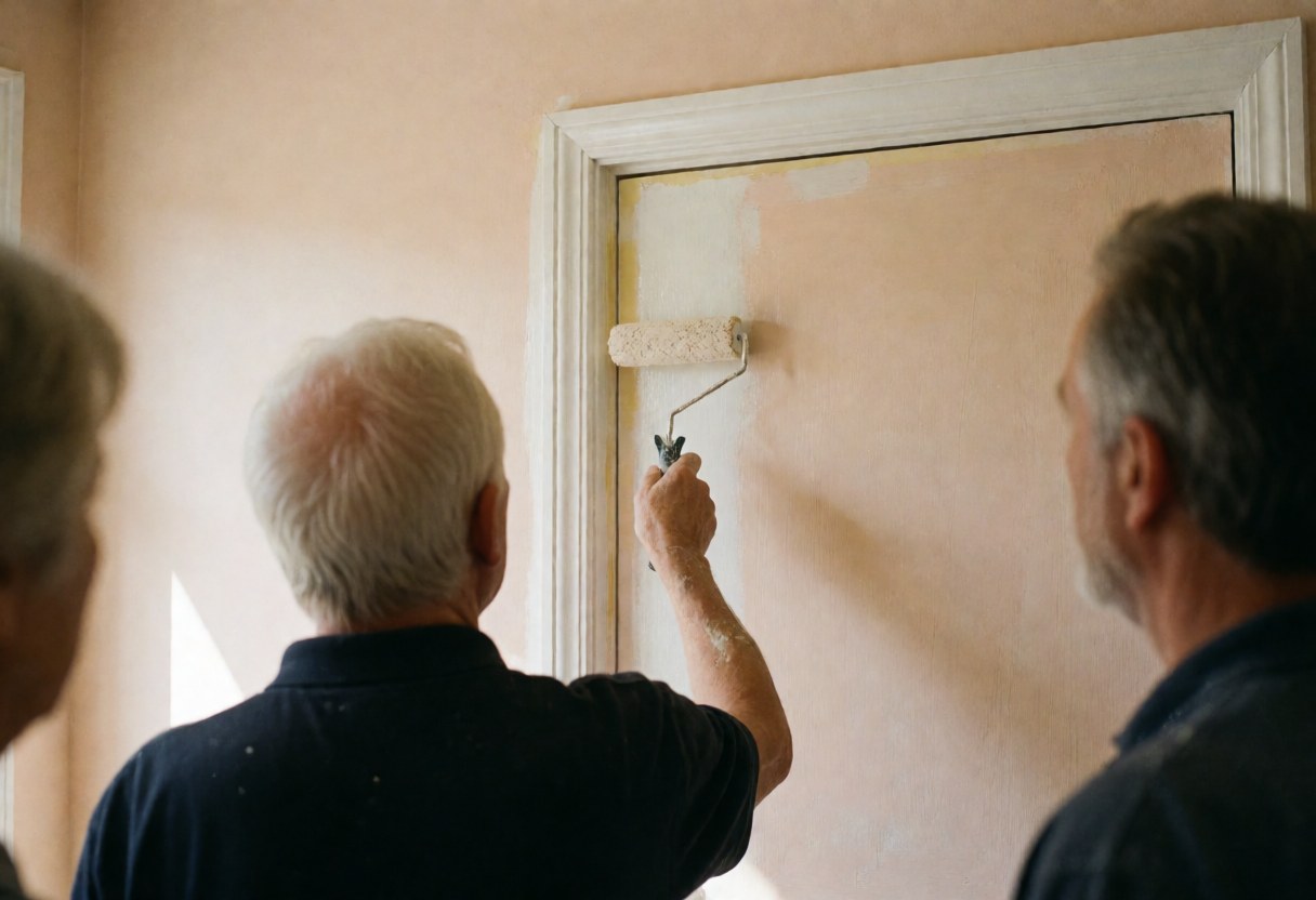 Un peintre applique de la peinture sur une porte avec un rouleau pendant que des personnes observent le travail dans une pièce aux murs peints.