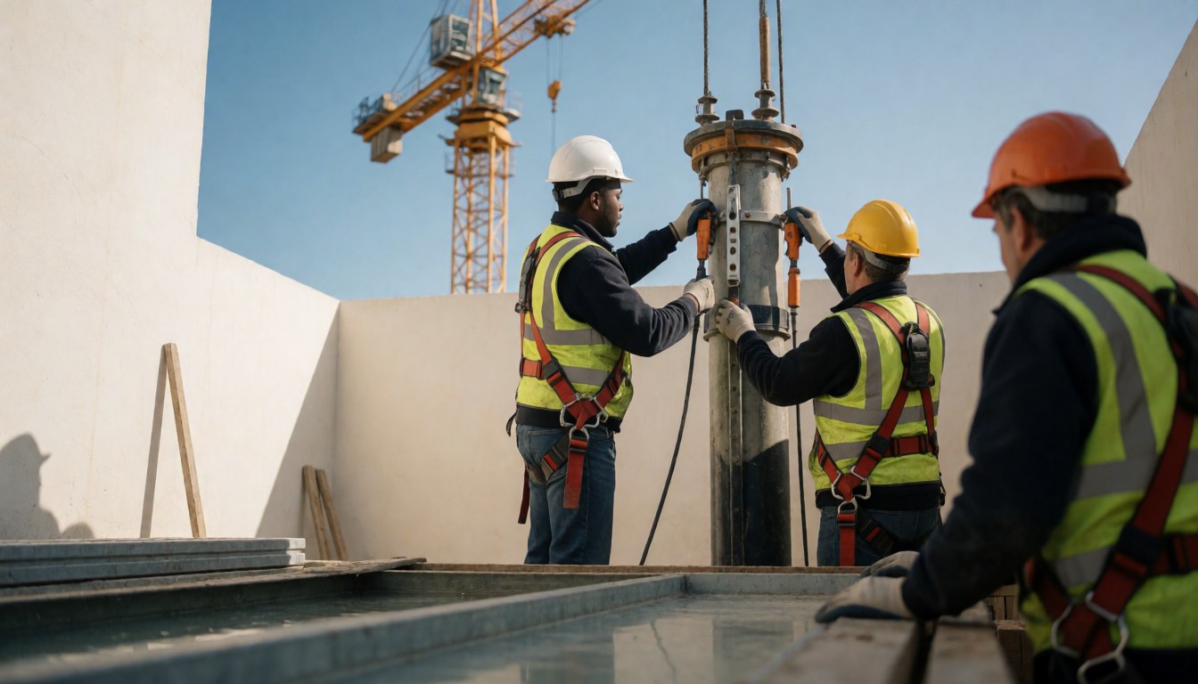 Trois ouvriers en tenue de sécurité installent une structure métallique sur un chantier avec une grue en arrière-plan.
