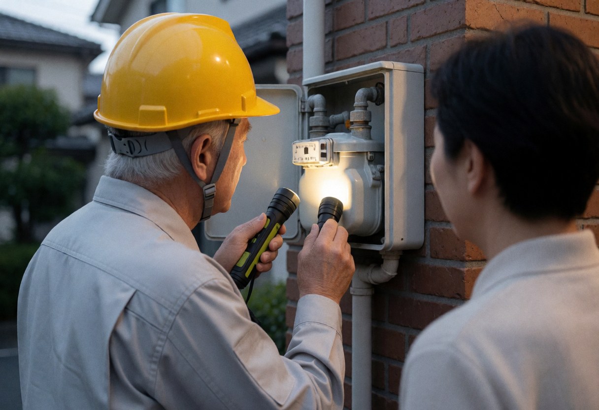 Un technicien en casque jaune examine un compteur de gaz fixé sur un mur en briques à l'aide d'une lampe, tandis qu'un client observe la prestation de service.