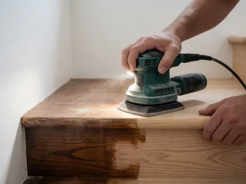 Une ponceuse électrique polissant une échelle en bois avec une finition sombre et neuve contre un mur blanc pour un réparateur d'escaliers.