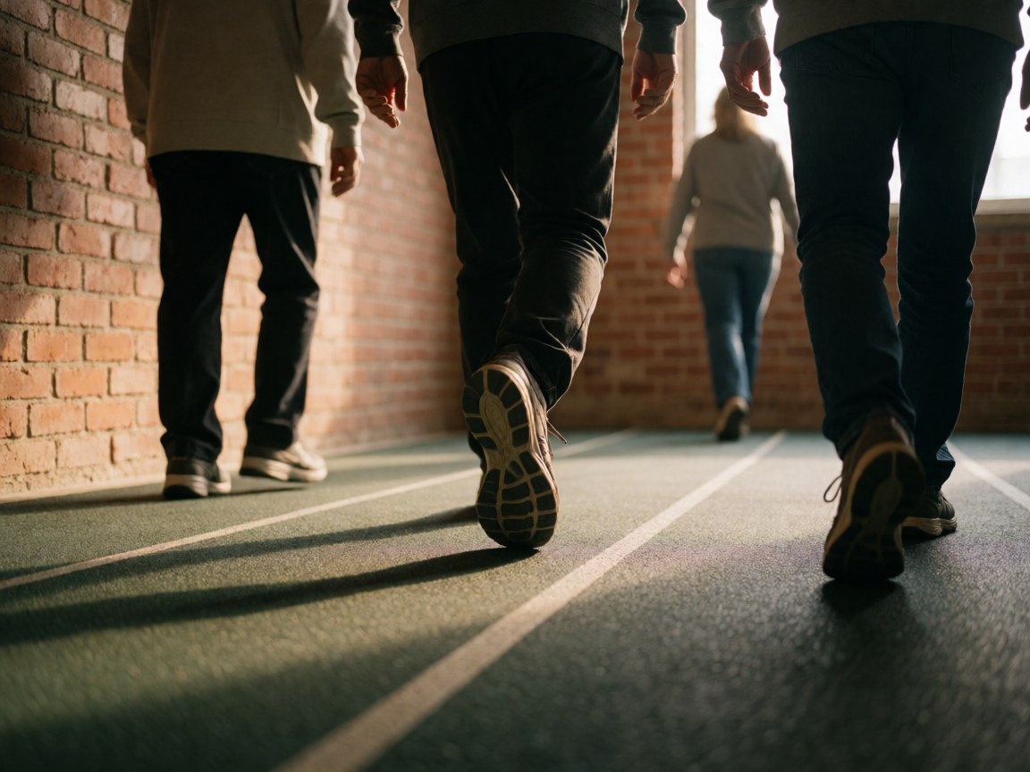 Chaussures de sport posées sur une piste d'athlétisme avec un mur de briques, éclairage chaleureux et contact du pied avec le sol.