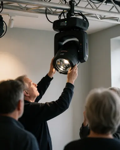 Un technicien ajuste un projecteur sur une structure de truss lors d'un événement, avec des murs gris en arrière-plan et des personnes observant l'intervention.