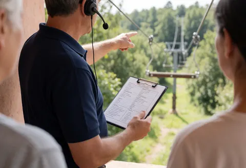 Un guide tenant un casque et un porte-documents pointe vers la zone de tyrolienne tandis que des clients observent l'aire de jeu en hauteur dans un parc d'aventure.