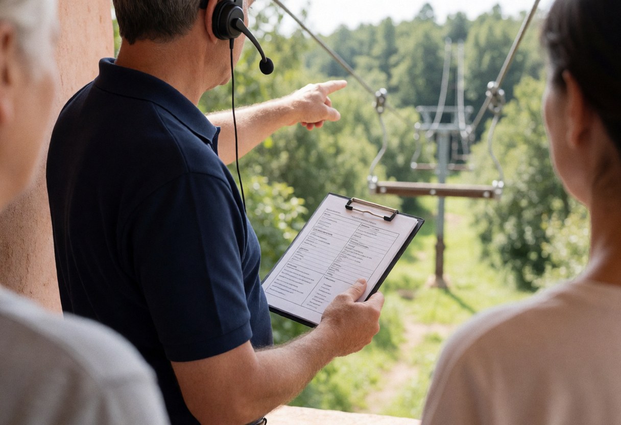 Un guide tenant un casque et un porte-documents pointe vers la zone de tyrolienne tandis que des clients observent l'aire de jeu en hauteur dans un parc d'aventure.