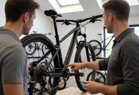 Un expert explique le mécanisme de changement de vitesse sur un vélo de montagne noir en magasin, avec d'autres vélos en arrière-plan.