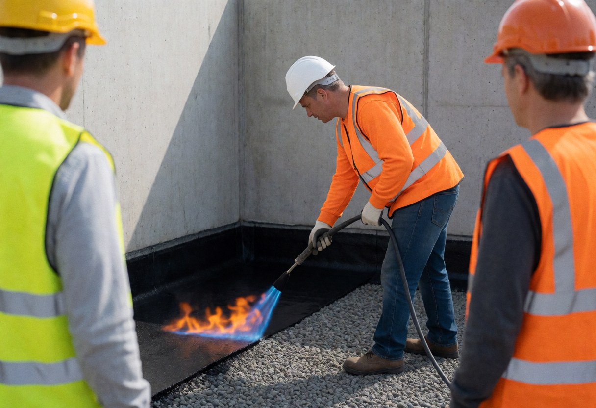 Un ouvrier applique une membrane d'étanchéité sur un toit en gravier à l'aide d'une flamme au propane, tandis que deux collègues observent la scène près d'un mur en béton.