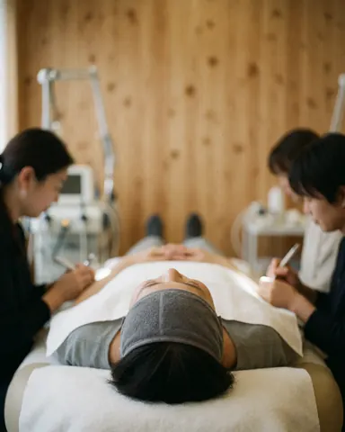 Deux professionnels effectuent un soin du visage sur une cliente dans une clinique aux murs en bois offrant une ambiance relaxante.
