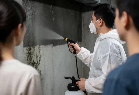 Un technicien en tenue de protection pulvérise un biocide sur un mur en béton moisi tandis que deux personnes observent les travaux d'étanchéification.