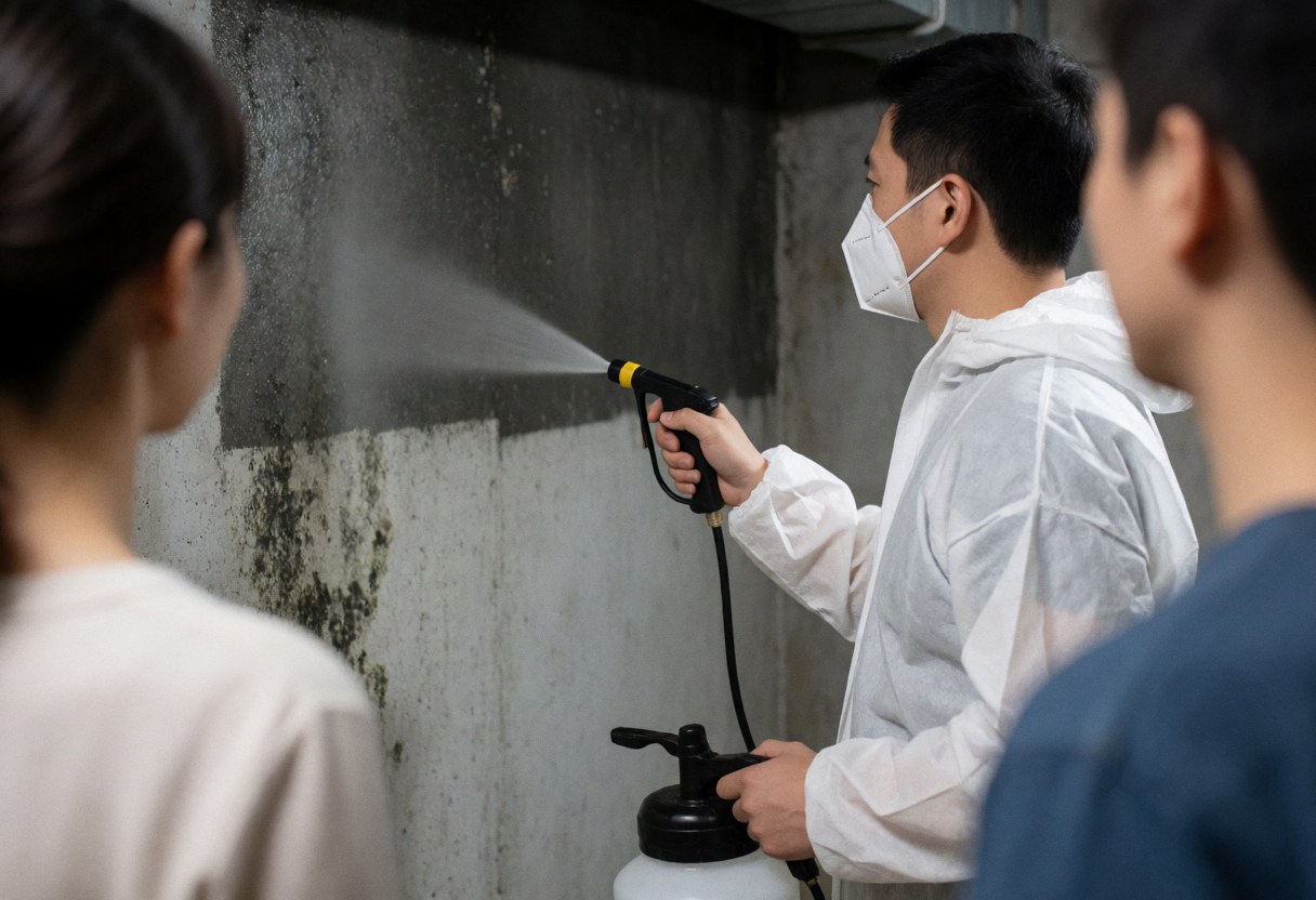 Un technicien en tenue de protection pulvérise un biocide sur un mur en béton moisi tandis que deux personnes observent les travaux d'étanchéification.