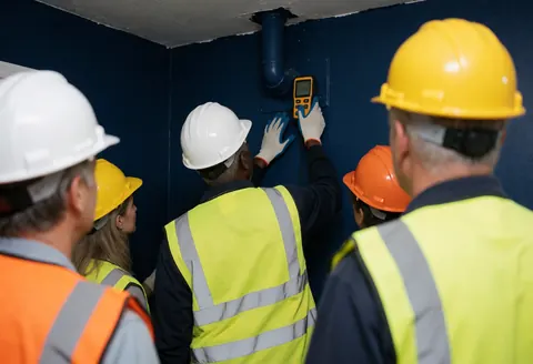 Équipe de maintenance effectuant une mesure d'humidité sur un mur bleu foncé, équipée de casques et de gilets de sécurité dans un environnement professionnel.