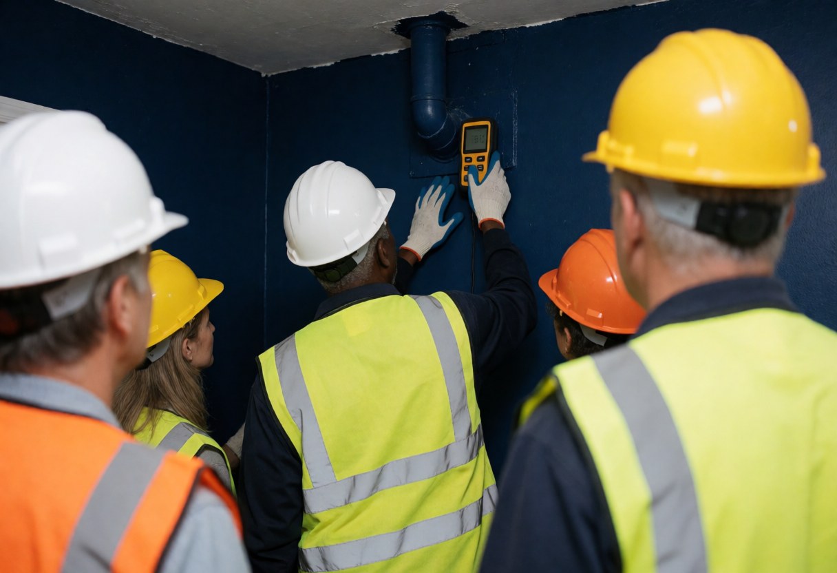 Équipe de maintenance effectuant une mesure d'humidité sur un mur bleu foncé, équipée de casques et de gilets de sécurité dans un environnement professionnel.